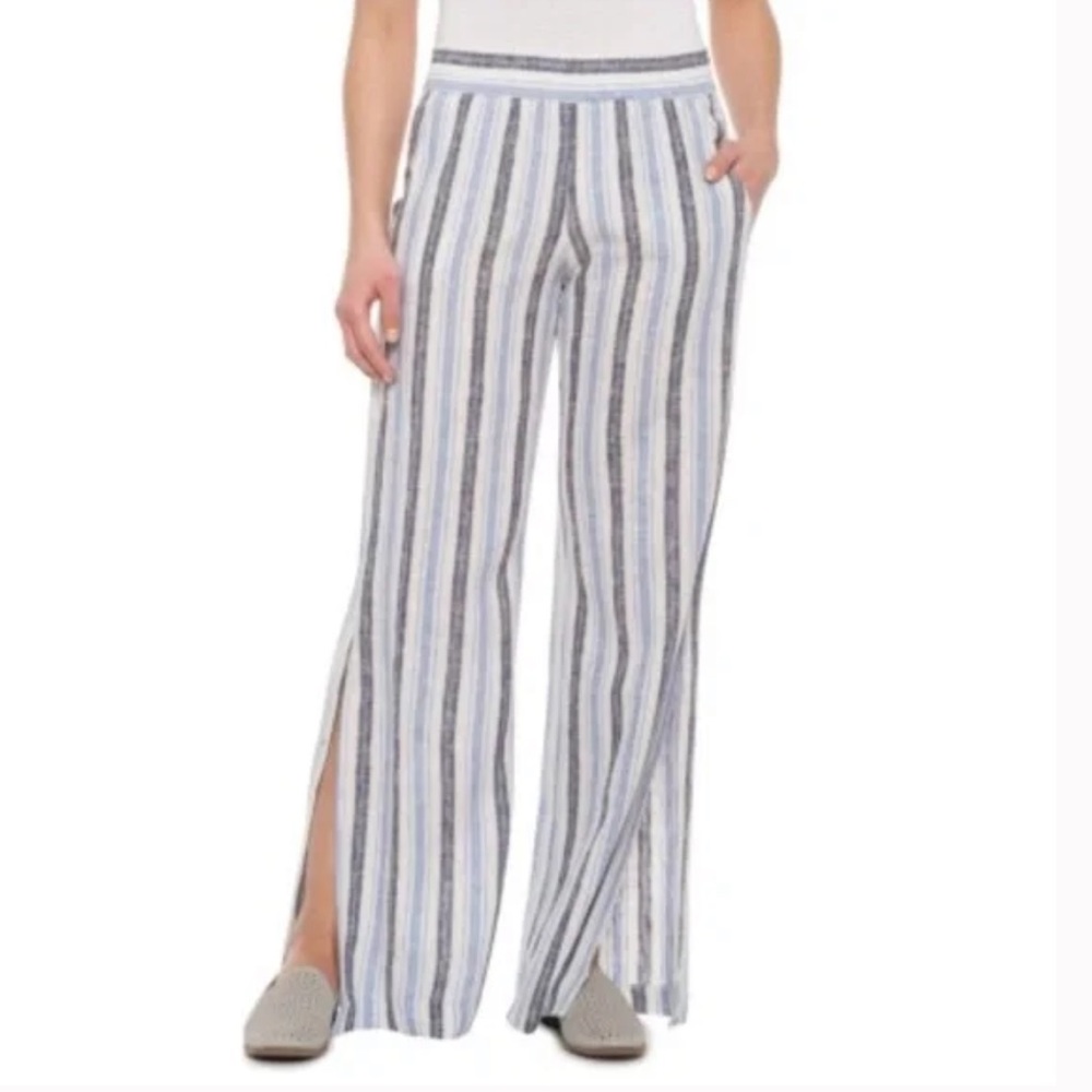Drew Sullivan split pants blue and white linen